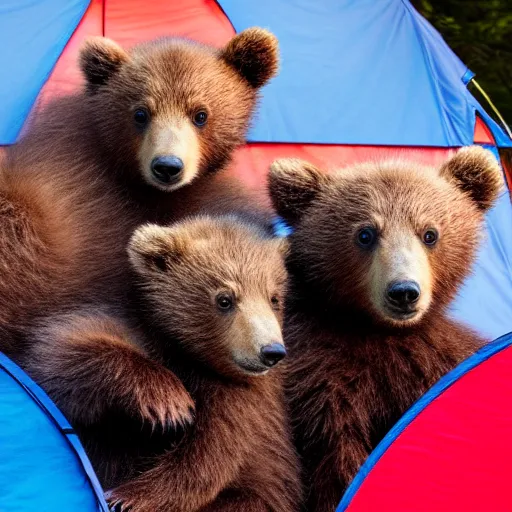 Image similar to a very very beautiful closeup picture of three cute bear cubs with very happy faces sitting inside a tent in the woods, sunset, vivid colors, soft lighting, atmospheric, cinematic, moody, trending on artstation, oil on canvas, 8K