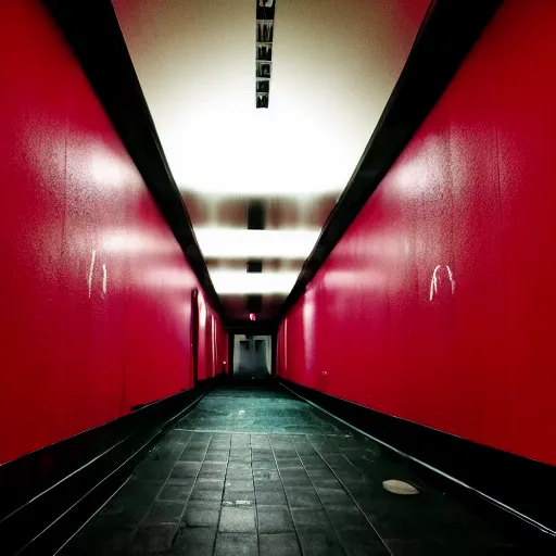 Image similar to a pitch black hallway with no windows and one deep red exit sign at the end, photographed at night