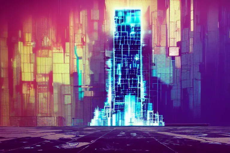 Image similar to cyberpunk tower, multilayer glitch effect in spatial perceptron synapses, matte painting, 4 k, epic composition, volumetric light, abstract illusionism, by robert rauschenberg, konstantinas ciurlionis, jean - michel basquiat, pour paint, modern street art, grunge wall, industrial