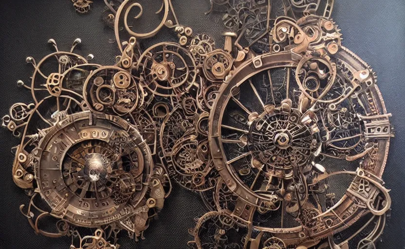 Image similar to mechanical rose of winds with small parts and intricate details, metal scapes, steampunk, art nouveau style