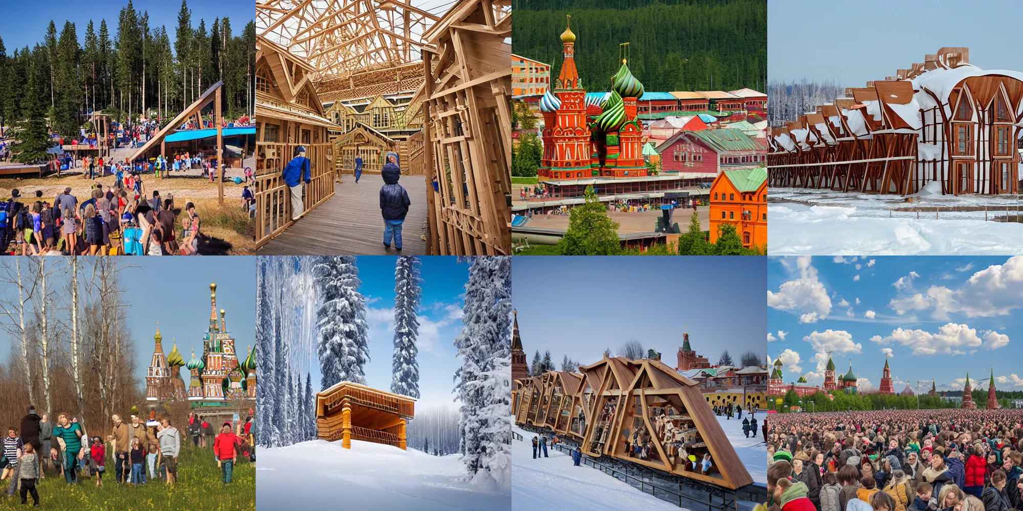 Prompt: russia, utopia, conceptual wooden architecture, crowd of adults and children, holiday, joy, clear day