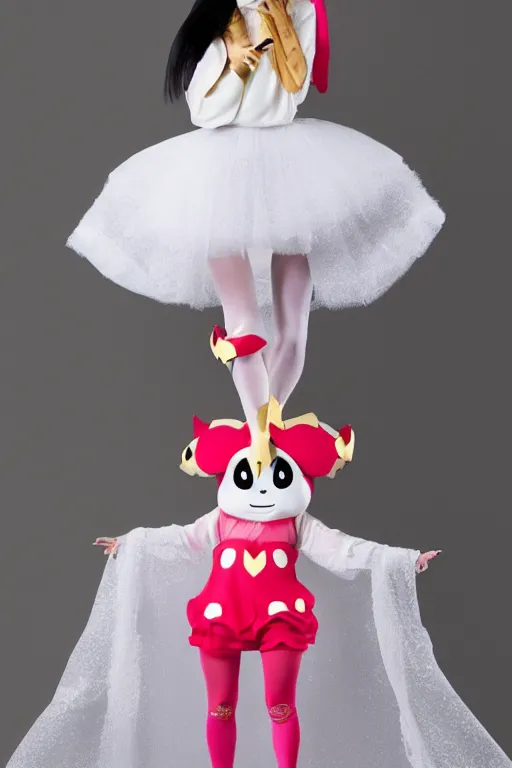 Prompt: 35mm of a very cute, minimal, adorable and creative Japanese mascot character costume, full body view, very magical and dreamy, girly, designed by Gucci,kawaii, magical details