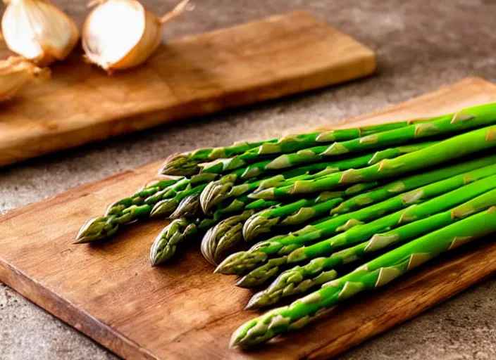 Prompt: asparagus and cut onion, on a wooden board, sunlight streaming in, cookbook photography