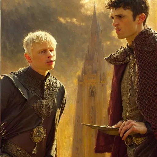 Image similar to arthur pendragon and merlin. focus on their faces. natural lighting. highly detailed painting by gaston bussiere, j. c. leyendecker, greg rutkowski 8 k