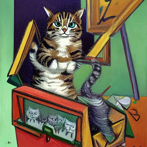 Image similar to painting of a cat poking half way out of a dumpster by louis wain