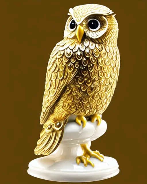 Image similar to gorgeous ornated snow white porcelain realistic detailed sacred owl statue with golden filigree carved out of ivory