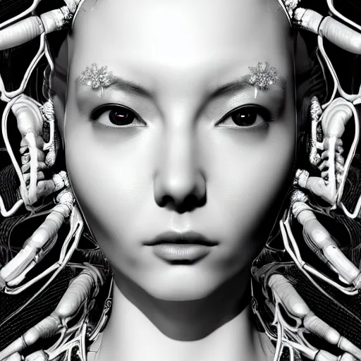Image similar to closeup portrait of an absurdly beautiful, graceful, sophisticated, fashionable cyberpunk mechanoid gravure idol, ultrafine hyperdetailed illustration by irakli nadar, matt wisniewski style, marvel comics, intricate linework, porcelain skin, neon jellyfish headdress, ivory carved ruff, unreal engine 5 highly rendered, global illumination, radiant light, detailed and intricate environment