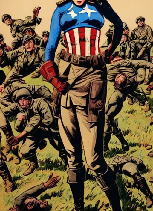 Prompt: beautiful south american female captain america standing on a pile of defeated, beaten and broken german soldiers. feminist captain america wins wwii. american wwii propaganda poster by james gurney. gorgeous face. overwatch
