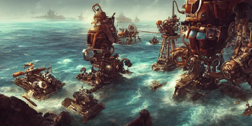 Image similar to pirate mechanical robots beside the sea, scifi, style by dylan cole, digital art, matte painting, artstation, concept art