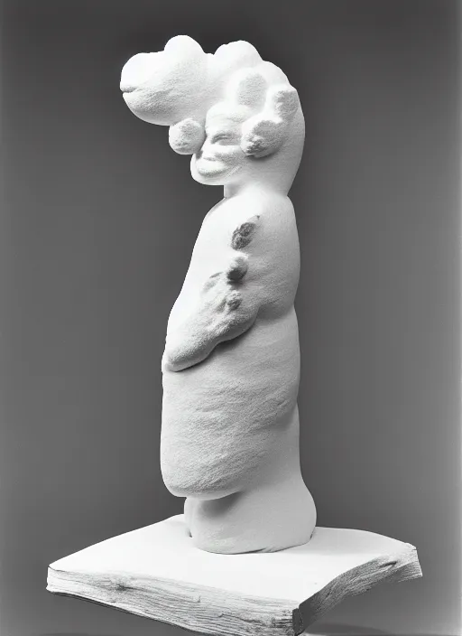 Image similar to realistic photo of a sculpture model of white cloud, standing on a wooden stick, front view 1 9 9 0, life magazine reportage photo, metropolitan museum photo