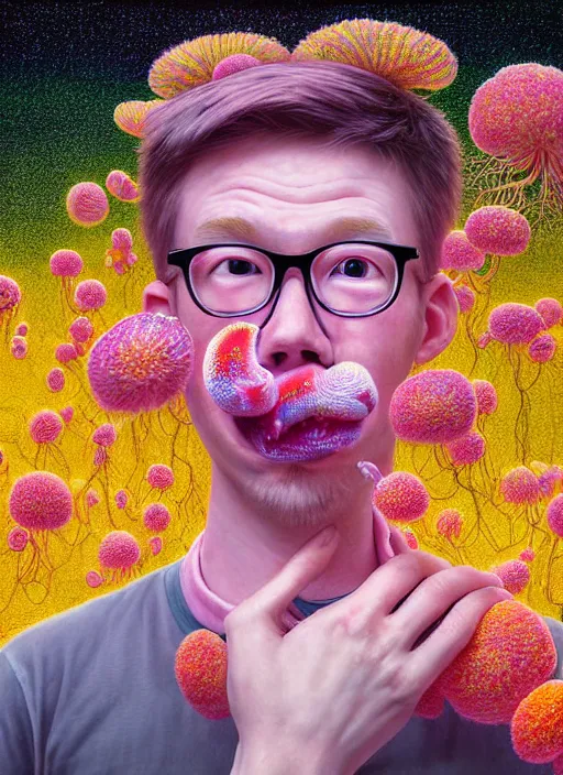 Image similar to hyper detailed 3d render like a Oil painting - kawaii portrait of Hank Green in Aurora (Singer) seen Eating of the Strangling network of yellowcake aerochrome and milky Fruit and Her delicate Hands hold of gossamer polyp blossoms bring iridescent fungal flowers whose spores black the foolish stars by Jacek Yerka, Mariusz Lewandowski, Houdini algorithmic generative render, Abstract brush strokes, Masterpiece, Edward Hopper and James Gilleard, Zdzislaw Beksinski, Wolfgang Lettl, hints of Yayoi Kasuma, octane render, 8k