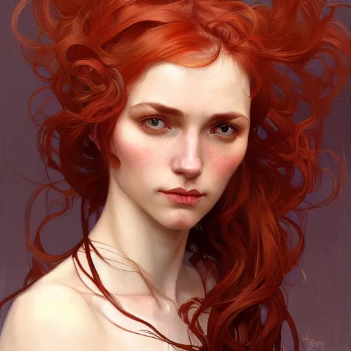 Image similar to A full portrait of Nordic female, 30 years old, brown red long hair, intricate, elegant, highly detailed, digital painting, artstation, concept art, smooth, sharp focus, illustration, art by Krenz Cushart and Artem Demura and alphonse mucha