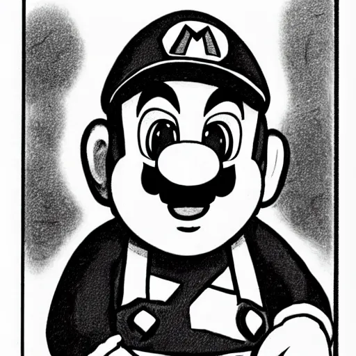 Image similar to A portrait of Mario from the Super Mario Bros series drawn by Junji Ito