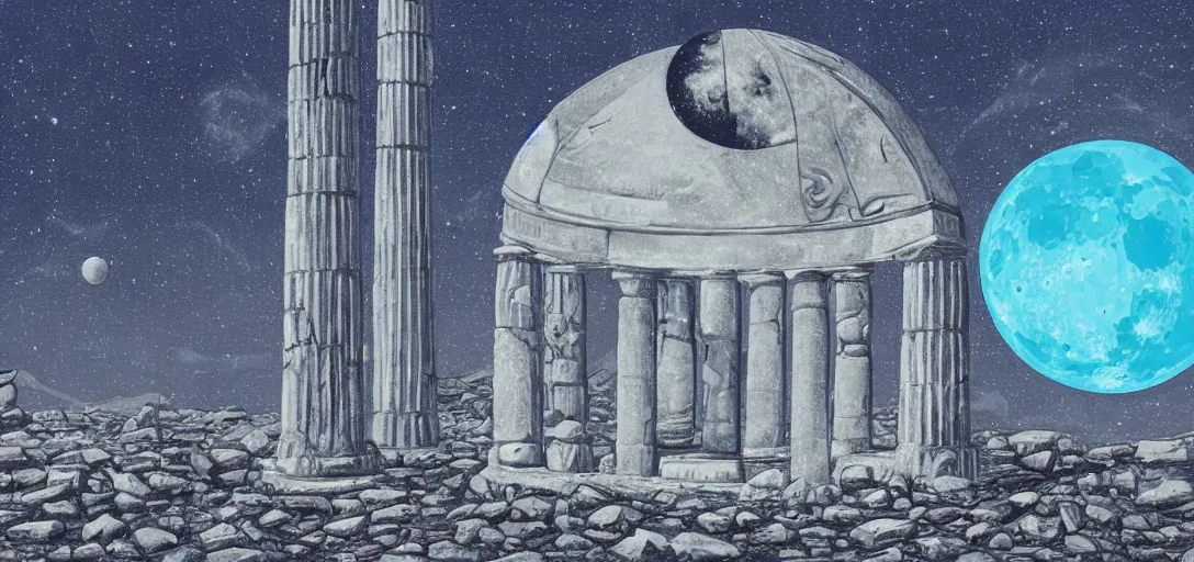 Image similar to The ruins of the Silver Millennium on the moon from Sailor Moon, digital painting, Earth in the distance, Greek-esque columns and ruins