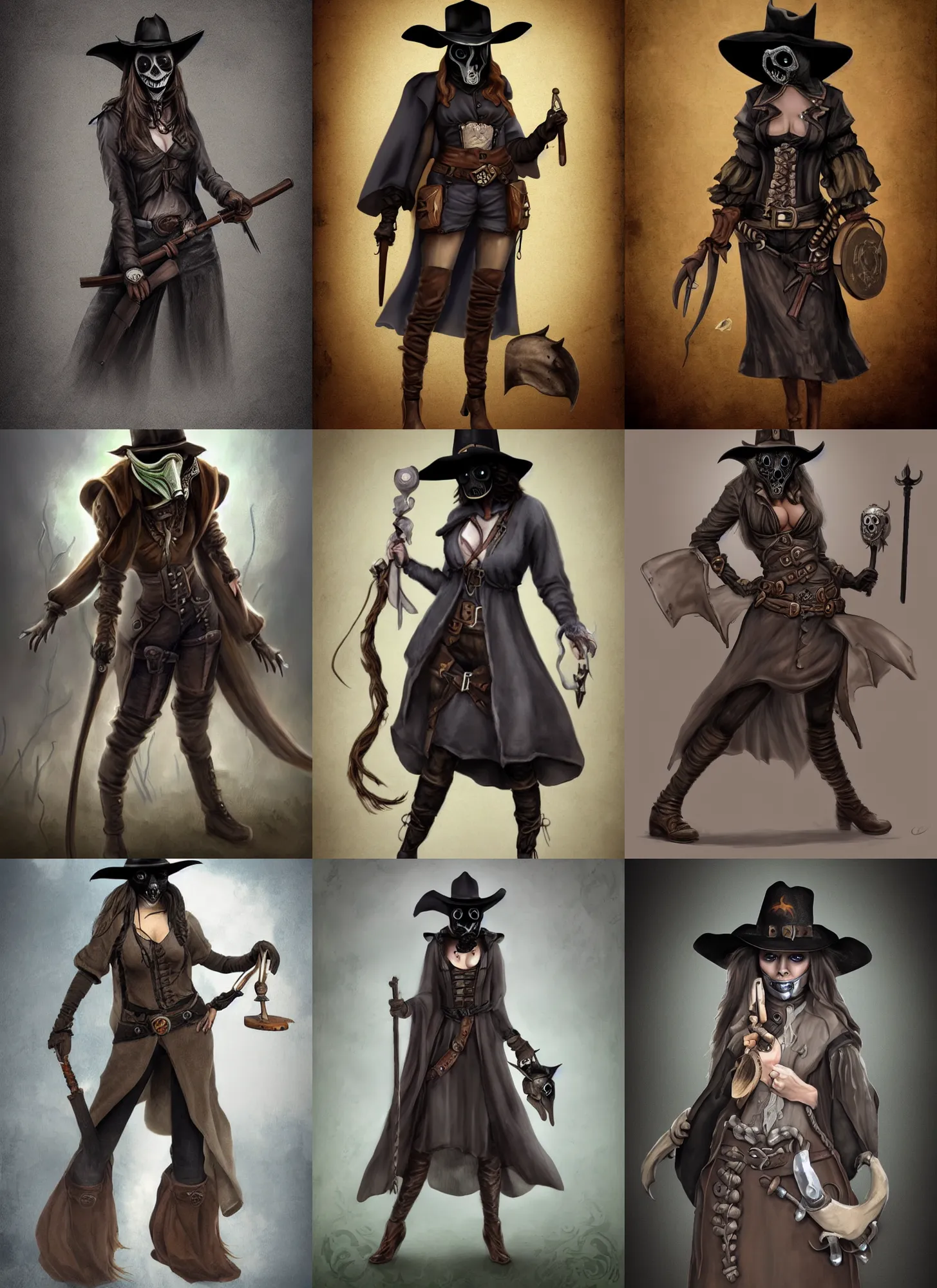Prompt: cowgirl plague doctor with a beautiful face, full body concept, matte painting, d & d style