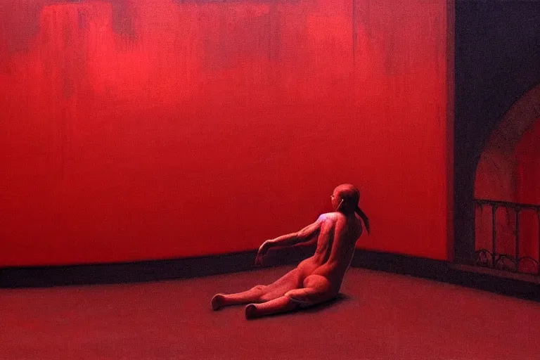 Image similar to only with red, crowd screaming, an exposed painting in a roman theater, in the style of beksinski, parts by edward hopper, parts by rodcenko, parts by yue minjun, intricate and epic composition, red by caravaggio, insanely quality, highly detailed, masterpiece, red light, artstation, 4 k