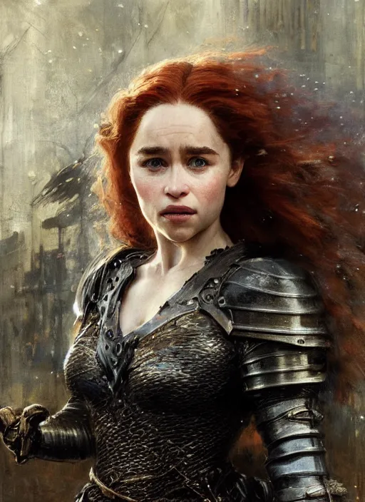 Image similar to happy redhead emilia clarke wearing shiny black medieval armour, detailed, by gaston bussiere, bayard wu, greg rutkowski, giger, maxim verehin, greg rutkowski, masterpiece, sharp focus, cinematic lightning