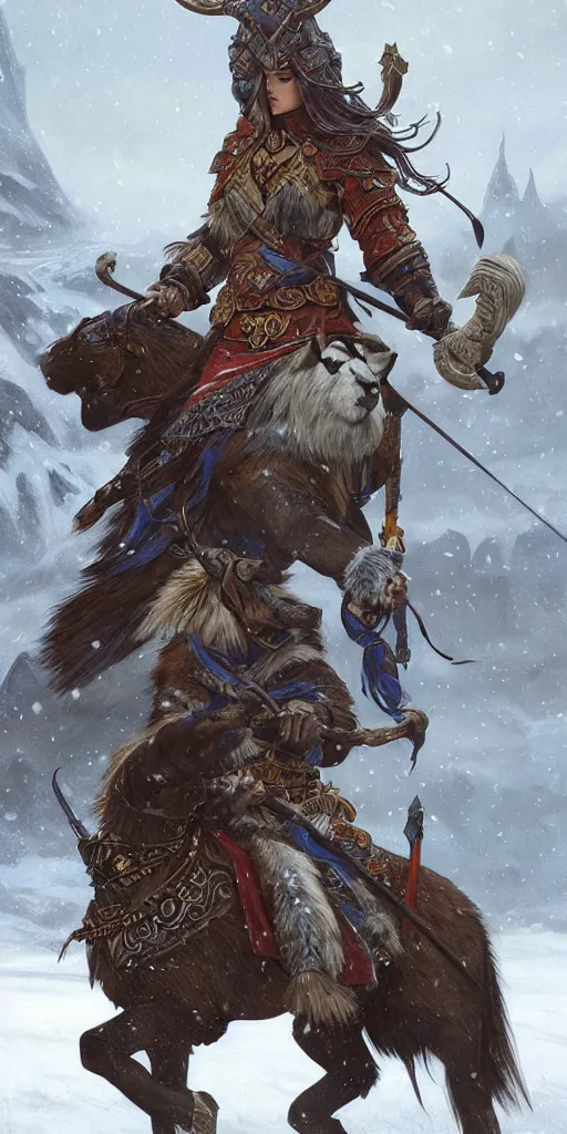 Image similar to azure viking warrior with animal companion, regal, elegant, winter, snow, beautiful, stunning, hd, illustration, epic, d & d, fantasy, intricate, elegant, highly detailed, wide angle, digital painting, artstation, concept art, smooth, sharp focus, illustration, wallpaper, art by artgerm and greg rutkowski and alphonse mucha and jin xiaodi