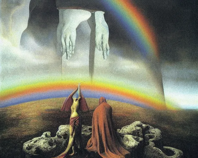 Image similar to praying to ancient gods of transitioning by beksinski, carrington, bosch, dali, barlowe, magritte, pagan bright multirainbow colors