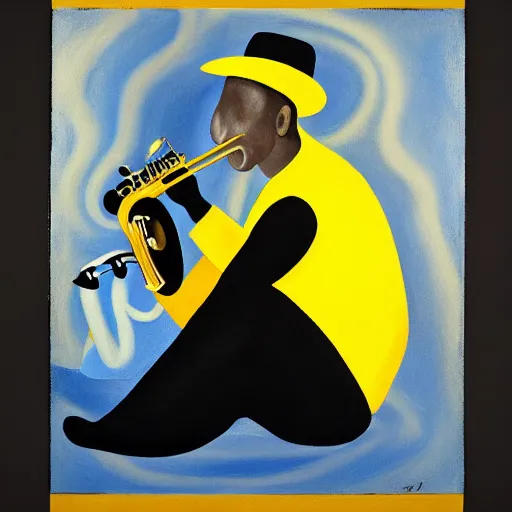 Image similar to man in a yellow costume, yellow hat, holding a saxophone, smoking a cigarette, blue skin, blue smoke, black background, sitting, painting, artwork, meditative