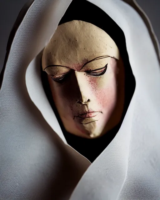 Prompt: a paper mache doll of a dead nun, realistic, very detailed, complex, intricate, studio lighting, superres sharpening, bokeh, sigma 5 0 mm f 1. 4