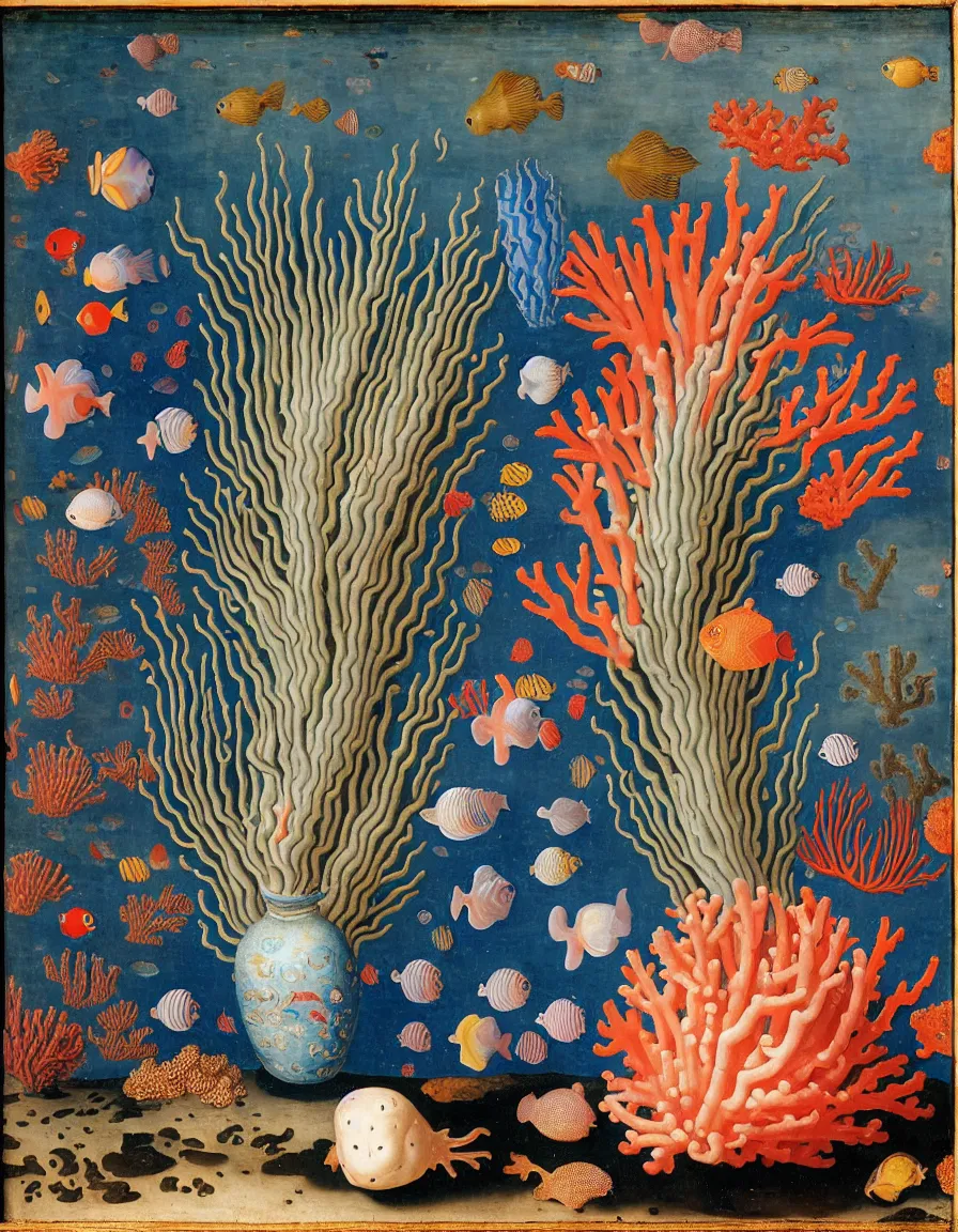 Prompt: bottle vase of coral under the sea decorated with a dense field of stylized scrolls that have opaque outlines enclosing mottled blue washes, with purple shells and blue fishes, Ambrosius Bosschaert the Elder, oil on canvas, around the edges there are no objects