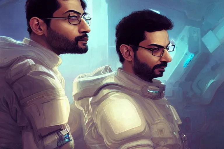 Image similar to Sensual good looking pale young Indian doctors wearing Deus Ex clothing in a space station above Earth, portrait, elegant, intricate, digital painting, artstation, concept art, smooth, sharp focus, illustration, art by artgerm and greg rutkowski and alphonse mucha