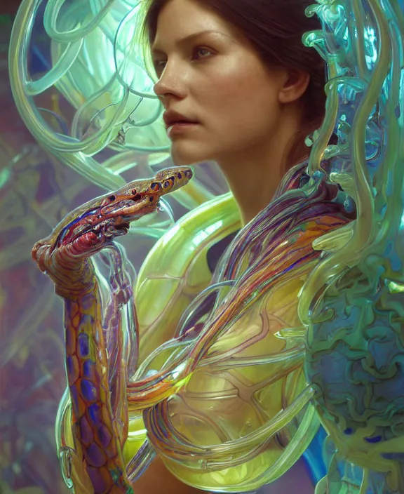 Image similar to intricate colorful transparent portrait of a disturbing beautiful alien snake creature, mottling coloring, adorable, childlike, medical equipment hospital environment, ultra realistic, concept art, art nouveau, photorealistic, octane render, 8 k, unreal engine. art by christopher marley and artgerm and greg rutkowski and alphonse mucha