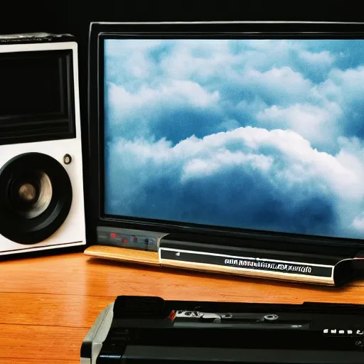 Image similar to a professional studio photograph of a 90s television and VHS combo playing a video (((((((((((((((of clouds))))))))))))))), key light, 50mm, shallow depth of field, no artefacts