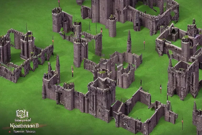 Image similar to 3 d medieval castle in a jungle with towers, 3 d, isometric, indie game