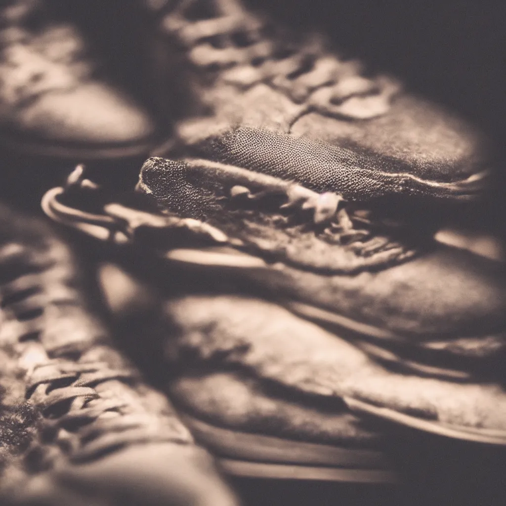 Image similar to photo of a close up on sneakers, cinematic lighting, moody, bright tones