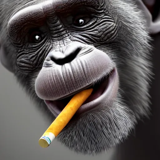 Image similar to a high detail closeup shot of a chimp wearing a suit 👔,and smoking a cigarrette🚬, cgcosiety, artstation, unreal engine, realism