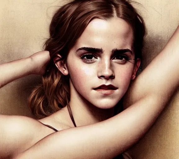 Image similar to photography of emma watson with hands - up and hairy armpits, deep focus, intricate, elegant, highly detailed, digital painting, artstation, concept art, matte, sharp focus, illustration, art by artgerm and greg rutkowski and alphonse mucha and gil elvgren