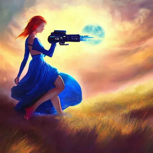 Image similar to portrait of a beautiful tattoed redhead woman carrying a laser gun, a planet in the background. blue dress, light iridescent hair color, long windy hair style, fantasy, intricate, sharp focus, lens flare, bloom, rim light, illustration, highly detailed, realistic, digital painting, concept art, matte, art by ruan jia