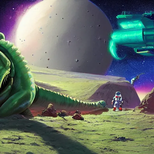 Image similar to Astronauts are having a party with green aliens and some dinosaurs on comet and a red dwarf as background, by Jordan Grimmer digital art, trending on Artstation,