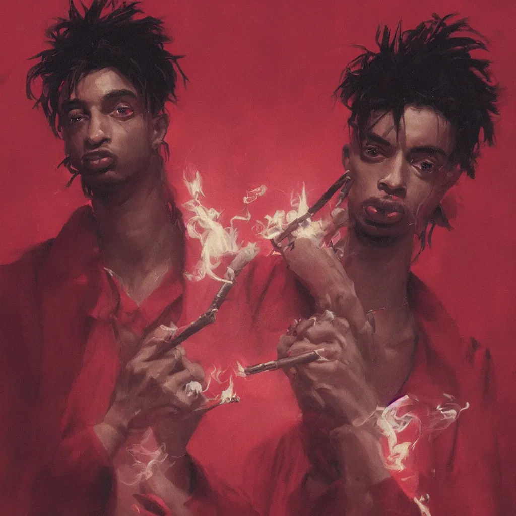 Prompt: closeup of Playboi Carti smoking a blunt in a dark red room, atmospheric, illustrated by Greg Rutkowski , Trending on artstation,