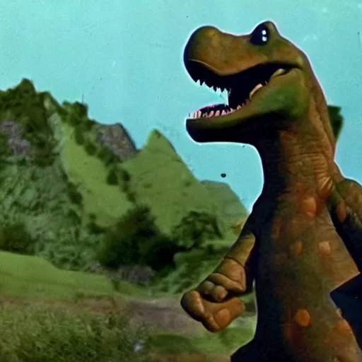 Image similar to barney the dinosaur world war footage