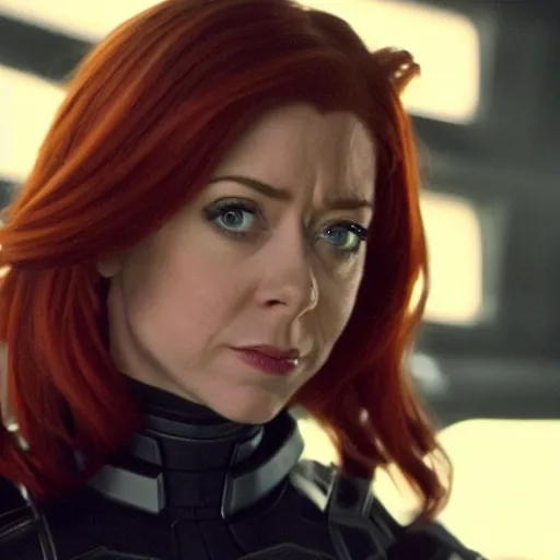 Image similar to film still of Alyson Hannigan playing Black Widow in The Avengers, 4k