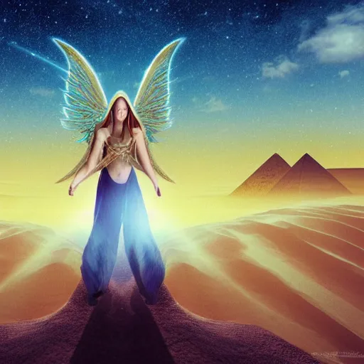 Image similar to elven angel meditating in desert, pyramids, light shafts, wisps, sandstorm, light diffusion, godly, ascending, by moebius, digital art, beautiful, sacred, holy, surreal, fantasy art, oasis, by durer, durer, fairies, surreal alien kingdom, ancient civilization