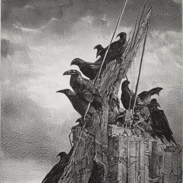 Prompt: an engraving of ravens on the gallows by gustave dore, john blanche, ian miller, highly detailed, strong shadows, depth, illuminated focal point