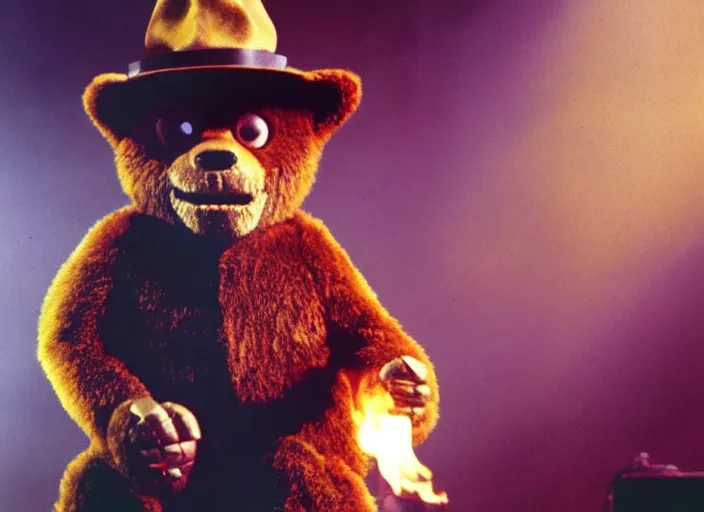 Prompt: publicity photo still of smokey the bear on tour with ozzy osborne live on stage, 8 k, live concert lighting, mid shot