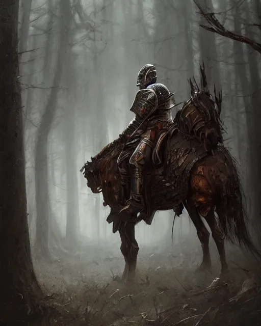 Image similar to Hyper realistic painting of a knight in full plate armor that has completely turned to rust, hyper detailed, surrounded by a dark forest, fog, moody, creepy, cinematic lighting, by greg rutkowski, trending on artstation