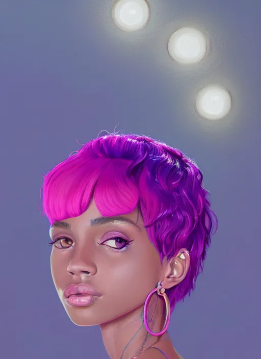 Image similar to portrait of teenage vanessa morgan with bright pink hair, black girl, curly pixie cut hair, wearing a purple breton cap, breton cap, hoop earrings, intricate, elegant, glowing lights, highly detailed, digital painting, artstation, concept art, smooth, sharp focus, illustration, art by wlop, mars ravelo and greg rutkowski