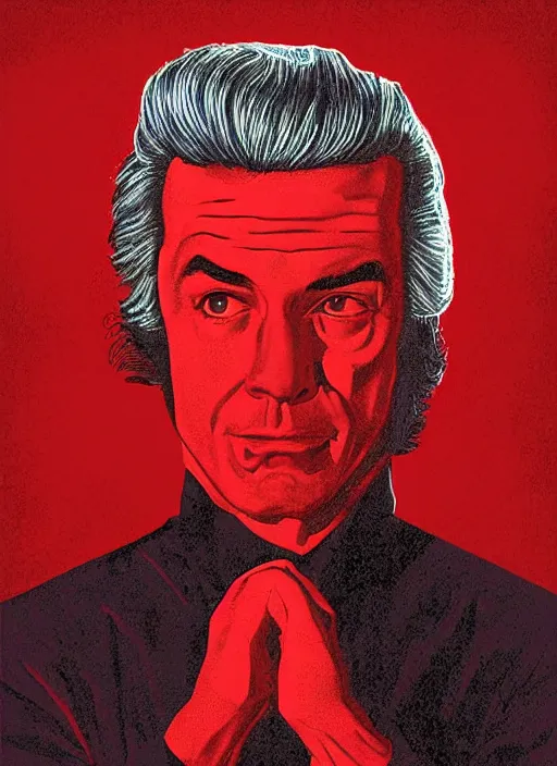 Prompt: Twin Peaks poster artwork by Michael Whelan and Bob Larkin, of portrait of Joe Rogan in red flannel, from scene from Twin Peaks, clean, simple illustration, nostalgic, domestic