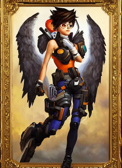 Image similar to full body oil painting of tracer overwatch in the style of sophie anderson, angel wings, dress garment, dramatic painting, wearing steel collar, symmetrical composition, ornate, high detail,