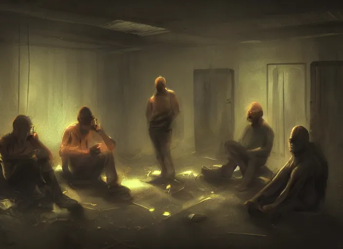 Prompt: several depressed men sit in a dark basement lit by a computer screen, artstation, messy basement background, doom, heads in hands