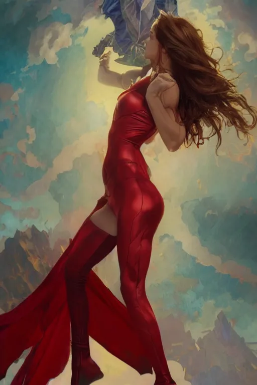 Image similar to marvel superhero, beautiful woman, floating in the air, red tight costume and red long hair, black cloak, power field around her, detailed portrait, dark background texture, alphonse mucha, greg rutkowski, trending on artstation, artgerm, breathtaking, sharp focus, smooth, mark arian, award winning, highly detailed 8 k art