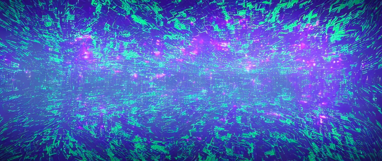 Prompt: dream landscape, simulation, glitch art, generative art, volumetric object, physical particles, translucence, cinematic lighting, iridescence, by ash thorpe