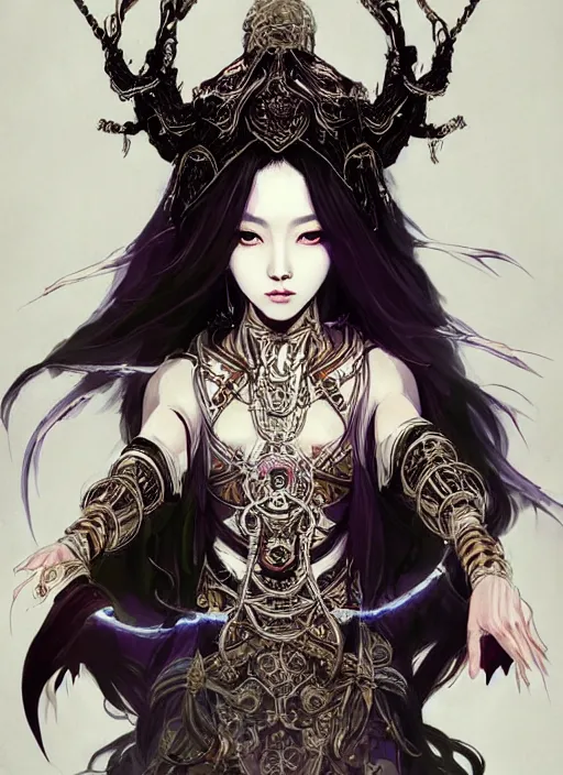 Prompt: portrait of a beautiful asian female arachnoid priestess in ornate robe and long white hair. in style of yoji shinkawa and hyung - tae kim, trending on artstation, dark fantasy, great composition, concept art, highly detailed, dynamic pose, vibrant colours.