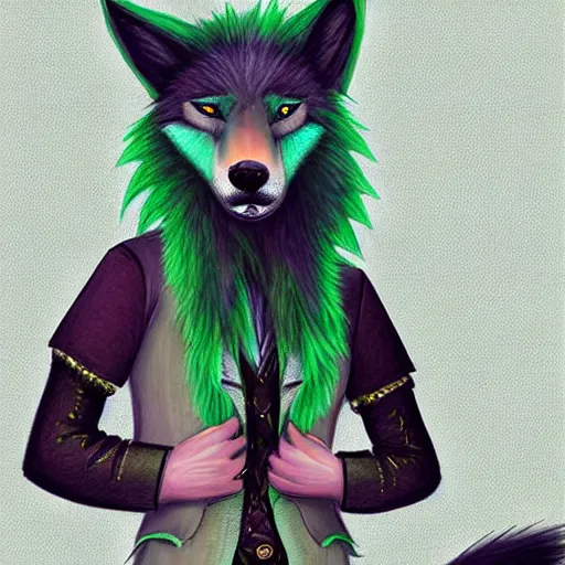 Image similar to Beautiful digital painting, anthro anthropomorphic pastel-green androgynous wolf, Punk outfit.